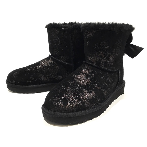 UGG MINI BAILEY BOW GLIMMER BOOTS -BLACK METALLIC SUEDE -WOMEN’S US 7 -NEW - Picture 5 of 8
